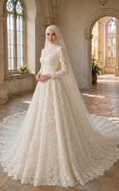 Lujoso vestido de novia musulmán de encaje con cuello alto y cola catedral.