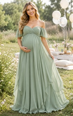 Robe de maternité Sage, épaules dénudées, décolleté cœur, manches papillon, style empire, en mousseline, longue jusqu'au sol, idéale pour l'extérieur