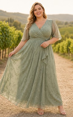 Vestido de tul de corte A con escote en V, talla grande, color verde salvia.