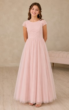 Perlmuttrosa Brautjungfernkleid, A-Linie, Rundhalsausschnitt, kurze Blütenblattärmel, Tüll, bezaubernd