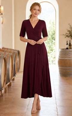 Burgundy Short Sleeve Wrap Winery Dinner Midi Dress