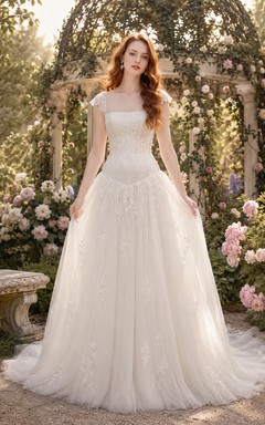 Robe de mariée champêtre en tulle à col carré et taille basse