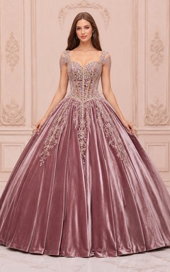 Vintage Mauve Modest V Neck Cap Sleeve Crystal Velvet Quinceanera Princess Ball Gown