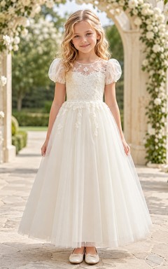 Blumenmädchenkleid aus elfenbeinfarbener Spitze und Tüll, A-Linie, Rundhalsausschnitt, Teelänge