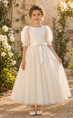 Flower Girl Dress Ivory Lace Tulle A-Line Short Sleeve Jewel Neck Tea Length