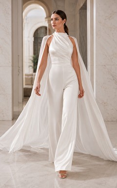 White Halter Cape Bridal Jumpsuit with Flowing Train Panels