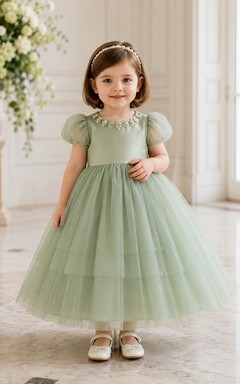 Sage Puff Sleeve Tiered Tea-Length Ball Gown Flower Girl Garden Wedding Tulle Dress