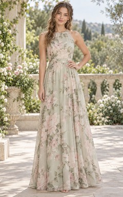 Petite Floral Print Halter-Neck Sleeveless No-Train Floor-Length Chiffon Bridesmaid Dress