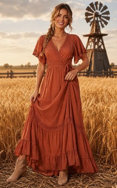 Vermilion Long Sleeve Embroidered Tiered Chiffon Country Maxi Dress