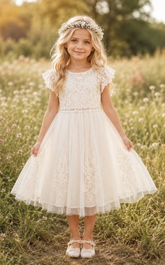Robe de mariée bohème en tulle et dentelle crochetée, coupe trapèze, longueur thé, manches pétales, pour demoiselle d'honneur