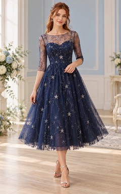Dark Navy Star Embroidered Illusion Elbow Sleeve Tea-length Dress