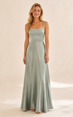 Sage Square Neck Spaghetti Satin A-Line Floor-Length Bridesmaid Evening Dress