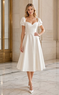 Courthouse Vintage Sweetheart Puff Sleeve Satin Bow Tea Length A-Line Wedding Dress