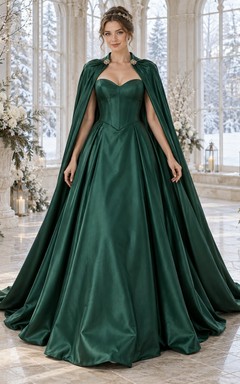 Vestido de novia largo de satén con capa y paneles, corte A, color verde oscuro, estilo vestido de invierno.
