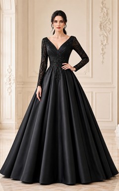 Long Sleeve V Neck Black Satin Ball Gown Evening Dress