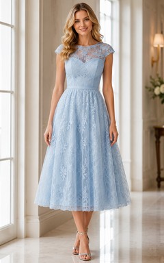 Sky Blue Bateau Lace Tea Length Cocktail Dress