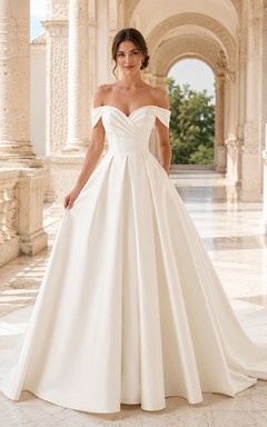 Classic Satin Off Shoulder Ball Gown Chapel Train Full Skirt Wedding Dress