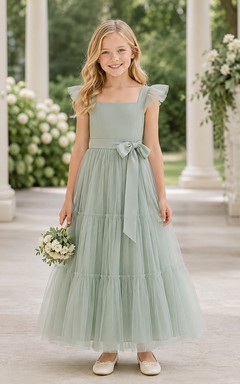Sage Tiered Tulle A-Line Flower Girl Dress with Short Sleeves, Square Neck, Tea-Length Skirt, Bow Detail and Tiered Skirt