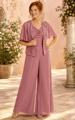 Mother Dusty Rose Chiffon Jumpsuit with Cowl Neck Flutter Cape Jacket and Wide Leg Pants