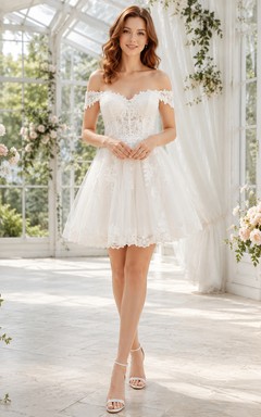Vestido de novia romántico corto con escote corazón, encaje y tul, ideal para una escapada romántica al jardín.