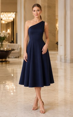 Dark Navy One-Shoulder Fit Flare Midi Dress