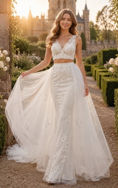 Robe deux pièces style jardin de château, haut en dentelle et jupe en tulle