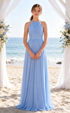 Himmelblaues Brautjungfernkleid für junge Mädchen, A-Linie, Neckholder, ärmellos, mit Falten, romantisch