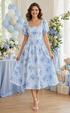 Blue Floral Square Neck Puff Sleeve A Line Midi Dress