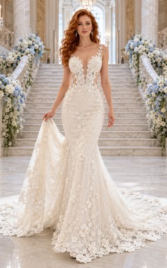 Vestido de novia de salón de baile con cola larga y apliques florales de espagueti