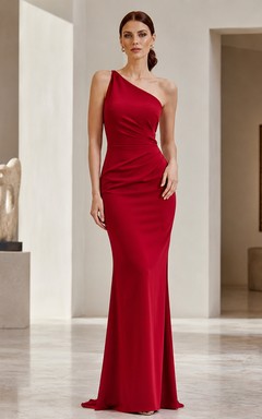 Red One Shoulder Crepe Mermaid Evening Dress