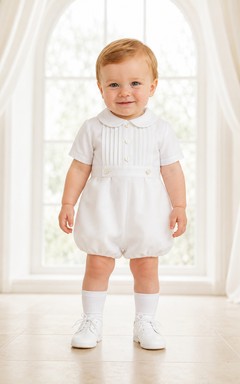 White Button Front Peter Collar Short Sleeve Christening Bubble for Baby Boy