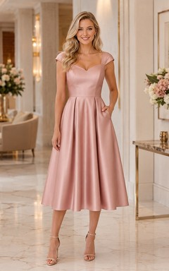 Cocktailkleid aus altrosafarbenem Satin mit herzförmigem Ausschnitt, kurzen Ärmeln, A-Linien-Schnitt und Teelänge sowie Taschen