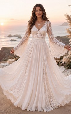Robe de mariée bohème de plage à manches cloche, corsage en dentelle et coupe trapèze
