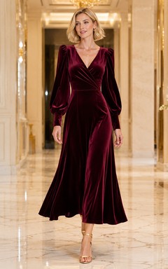 Vestido de invitada de terciopelo burdeos con escote en V, mangas estilo poeta y corte en A hasta el tobillo
