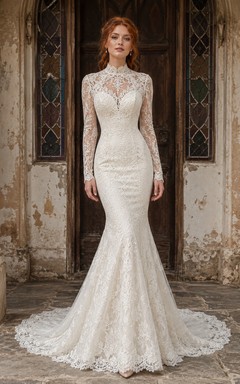 Robe de mariée sirène vintage en dentelle à col montant et manches longues