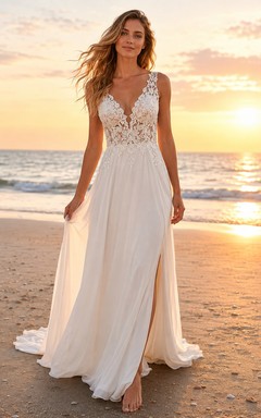 Vestido de novia bohemio playero con escote en V, encaje y corte en A, con espalda descubierta.