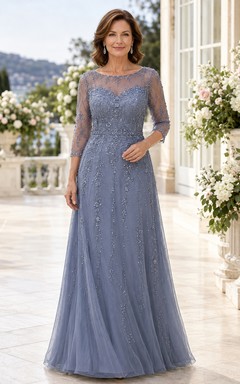 Steel Blue Bateau Lace Chiffon A-Line Mother Dress