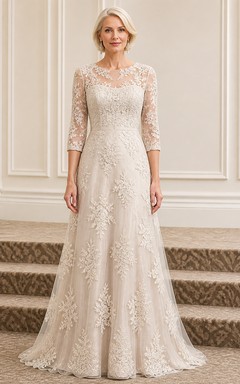 Robe de mère de la mariée élégante et sobre, coupe trapèze, en dentelle, longueur au sol, manches trois-quarts, col bateau, manches trois-quarts, idéale pour les mariées plus âgées.