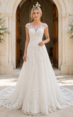 Illusion Cap Sleeve Lace A Line Chapel Bridal Gown