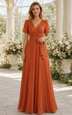 Gebranntes orangefarbenes, bodenlanges Gästekleid mit V-Ausschnitt, Puffärmeln und Falten
