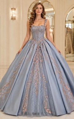 Robe de bal de princesse de luxe en satin bleu poudré et or rose, col carré, pour quinceañera.