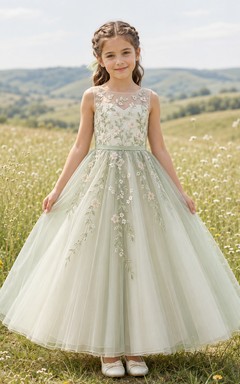 Sage Floor-Length Ball Gown Flower Girl Dress with Sleeveless Illusion Scoop Bodice, Botanical Embroidery and Zipper Back