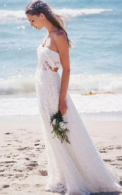 Robe de mariée bohème de plage deux pièces sans bretelles en dentelle, longueur au sol