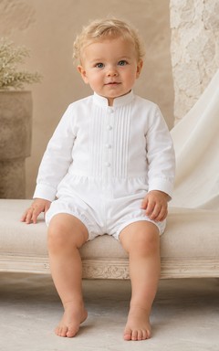 White Long Sleeve Vertical Pintuck Collar Christening Bubble Romper for Baby Boy