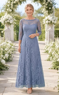 Dusty blue lace illusion sleeve A line mother gown