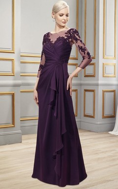 Appliqued Bateau Neck 3-4 Sleeve Chiffon Formal Dress