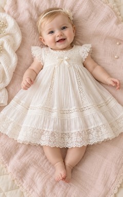 Elfenbeinfarbenes Taufkleid für Babys mit Spitzenbesatz, kurzen Ärmeln und Schleifen.