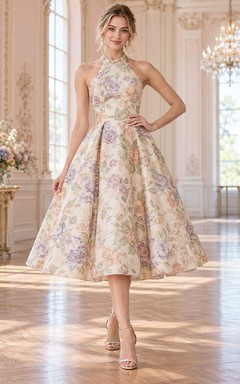 Teelanges, cremefarbenes Vintage-Abendkleid aus Satin mit Neckholder und Blumenmuster in A-Linie