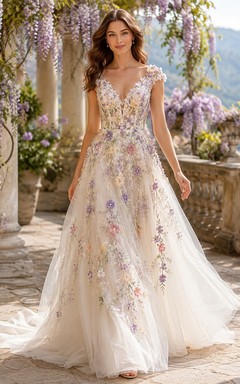 Vestido de novia formal de corte A con escote en V, estilo romántico y lujoso.