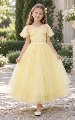 Daffodil Floral Dotted Capelet Ankle-length A-Line Tiered Tulle Satin Waist Flowergirl Dress